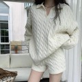 Relaxed Cable Knit Polo Neck Sweater + High-Waisted Knit Shorts Set